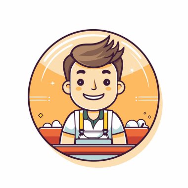 Kafedeki sevimli çizgi film çocuğu. Düz biçimli vektör illüstrasyonu.