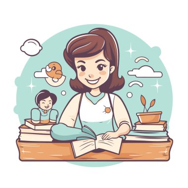 Arka planda ailesiyle kitap okuyan bir kızın vektör çizimi