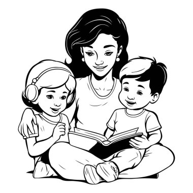 Anne çocuklarıyla bir kitap okuyor. siyah ve beyaz vektör çizimi.