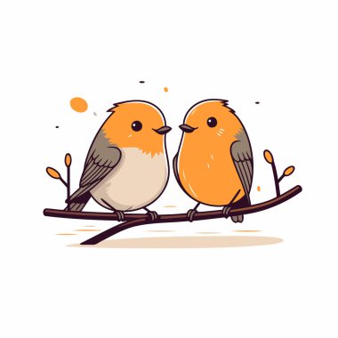 İki küçük kuş bir dala oturmuş. Vektör illüstrasyonu.