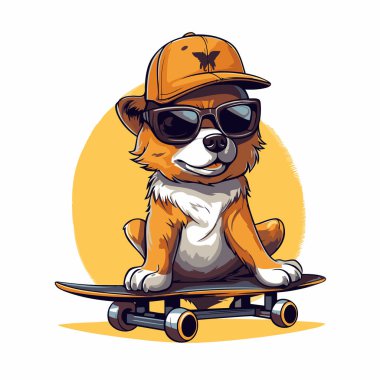 Güneş gözlüklü ve kaykaylı şirin bir Corgi köpeği. Vektör illüstrasyonu.