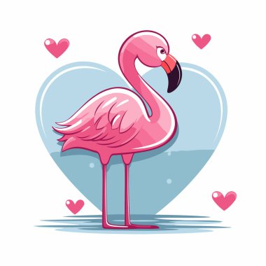 Mavi kalp arka planında pembe flamingo. Çizgi film tarzında vektör illüstrasyonu.