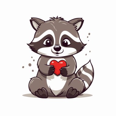 Kırmızı kalp tutan sevimli bir rakun. Vektör çizgi film illüstrasyonu.