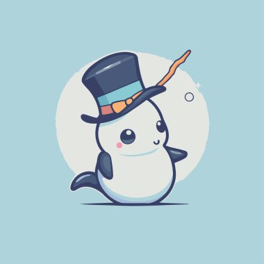 Silindir şapkalı sevimli penguen çizgi filmi. Vektör illüstrasyonu.