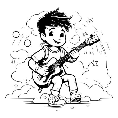 Çocuk bulutlarda gitar çalıyor. Siyah ve beyaz vektör çizimi.