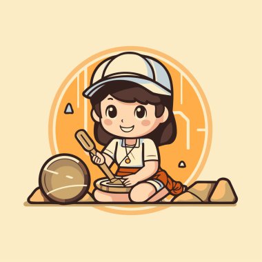 Küçük şirin kız davul çalıyor. Vektör çizimi. Çizgi film biçimi.