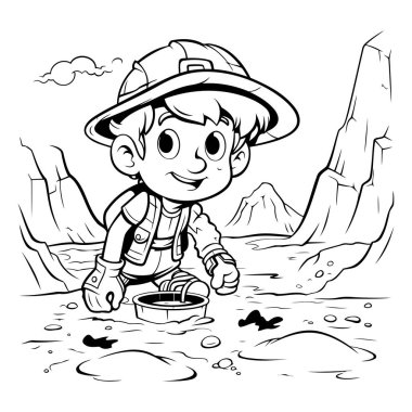 Çocuk Kampı ya da Boyama Kitabı için Doğayı Keşfeden Siyah ve Beyaz Çizgi Roman