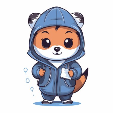 Mavi yağmurluk giymiş şirin bir tilki. Vektör illüstrasyonu.