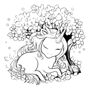 Tek boynuzlu at ve çiçekler. Boyama kitabı için siyah beyaz illüstrasyon.
