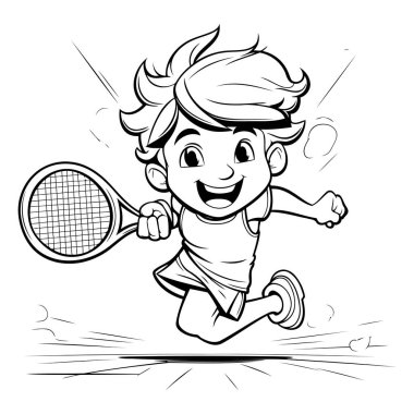 Tenis Oynayan Küçük Çocuğun Çizgi Film Çizimi - Boyama Kitabı