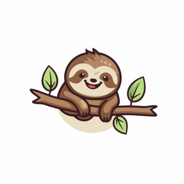 Ağaç dalında oturan şirin bir çizgi film tembel hayvanı. Vektör illüstrasyonu.