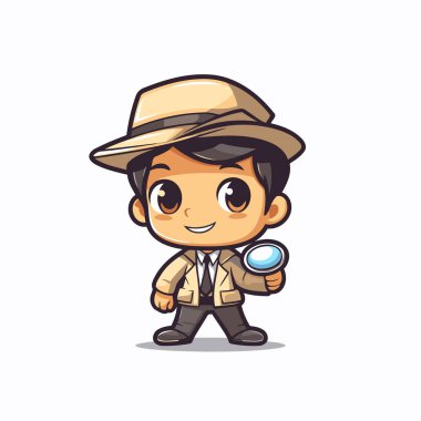 Sevimli dedektif çocuk elinde büyüteç çizgi film karakteri çizimi tutuyor..