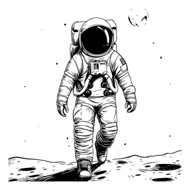 Uzayda bir astronot. Tasarımınız için siyah ve beyaz vektör çizimi