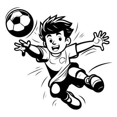 Futbolcu topa vuruyor. Siyah ve beyaz vektör çizimi.