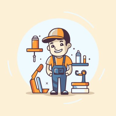 Temizlik işçisi. Çizgi film tarzında vektör illüstrasyonu. Üniformalı adam.