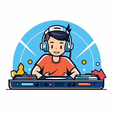 DJ kulaklıkla pikapta müzik çalıyor vektör illüstrasyon grafik tasarımı