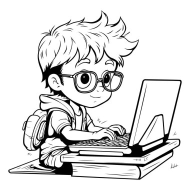 Beyaz arka planda gözlüklü ve dizüstü bilgisayarı olan bir çocuğun resmi.