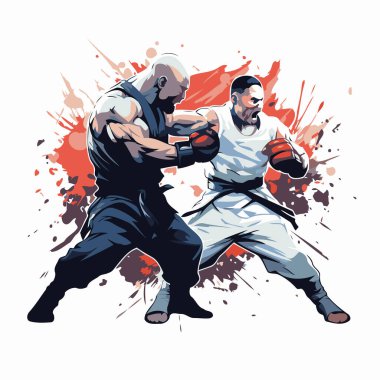 Karate. İki profesyonel karate dövüşçüsü iş başında. Vektör illüstrasyonu.