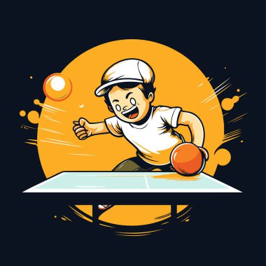 Çizgi filmci çocuk topla masa tenisi oynuyor. Tasarımınız için vektör illüstrasyonu