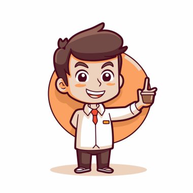 Kahve fincanı tutan ve baş parmağını kaldıran sevimli çocuk. Vektör illüstrasyonu