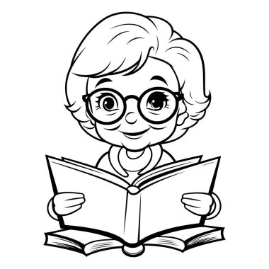 Kitap okuyan sevimli çizgi film kızı - Siyah ve Beyaz Vektör İllüstrasyonu