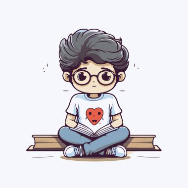 Kitabın üzerinde oturup kitap okuyan tatlı çocuk. Vektör illüstrasyonu.