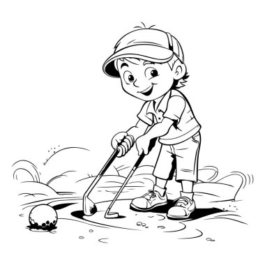 Golf oynayan çocuk. Boyama kitabı için siyah ve beyaz vektör çizimi.