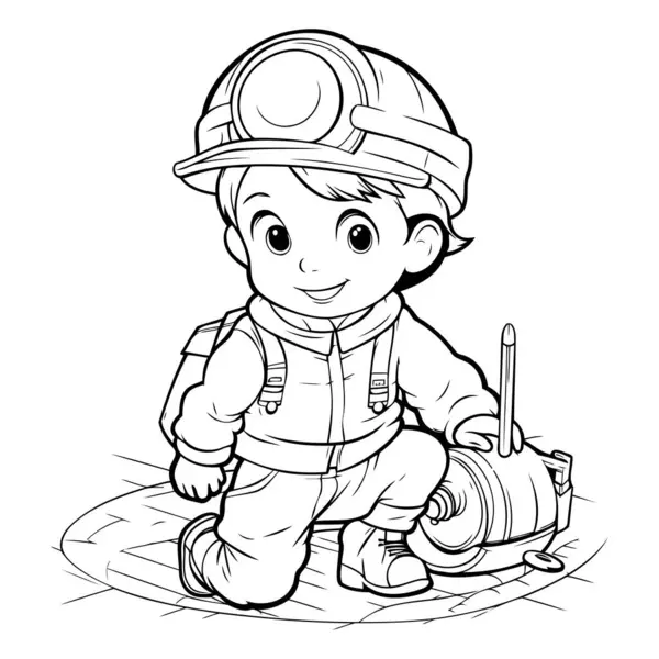 Stock vector Black and White Cartoon Illustration of Cute Little Firefighter Boy Character for Coloring Book