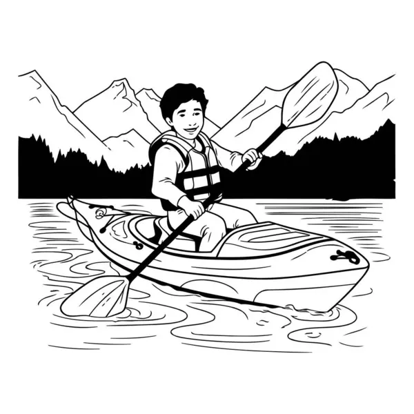 男人在河边划皮划艇黑白矢量图解 — 图库矢量图片