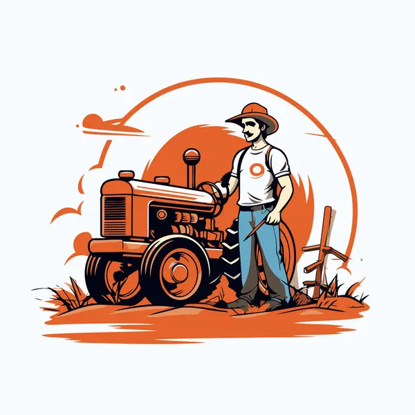 Çiftlikte Traktörlü Bir Çiftçi Vektör Llüstrasyonu — Stok Vektör