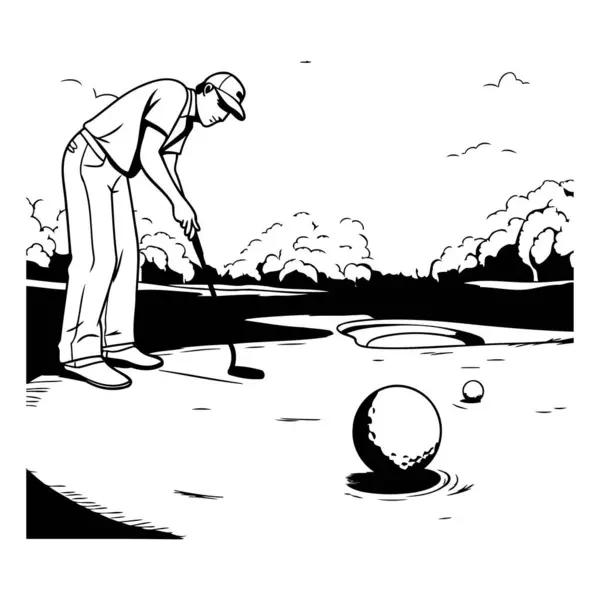 Golfer Golf Course Black White Vector Illustration — Stock Vector