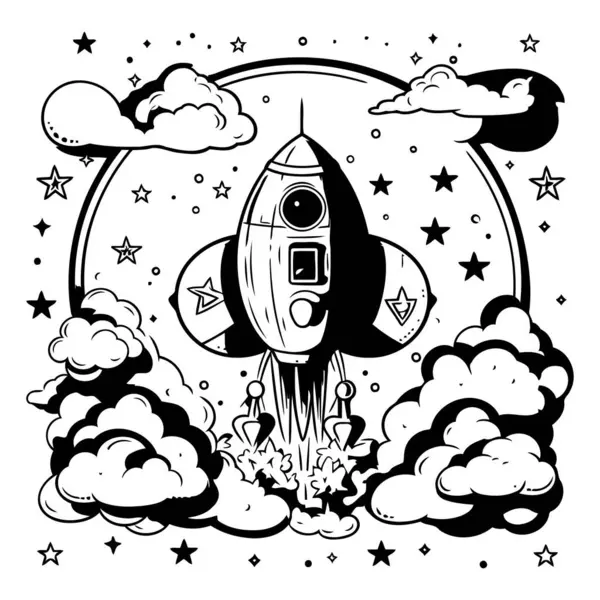 Space Rocket Flying Sky Black White Illustration Coloring Book — Stock Vector