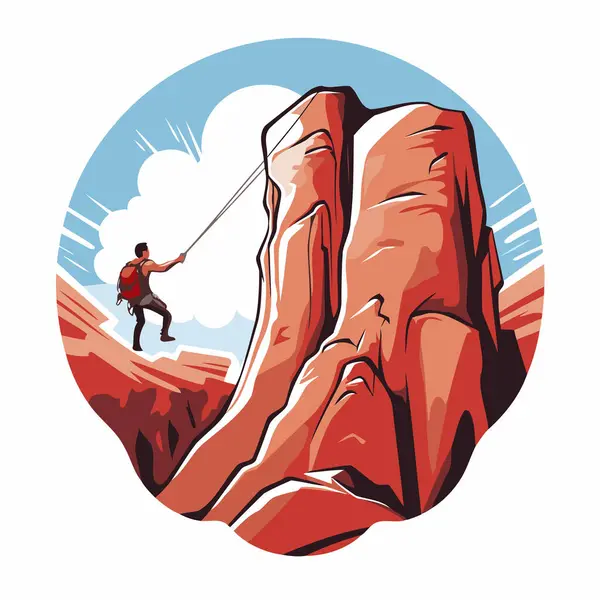 Rock Climber Climbing Red Cliff Vector Illustration Retro Style — Stock Vector