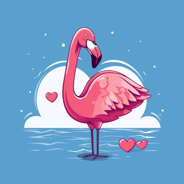 Denizin Arka Planında Kalpleri Olan Flamingo Vektör Illüstrasyonu — Stok Vektör