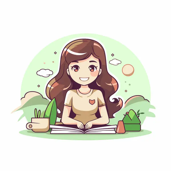 Κορίτσι Που Διαβάζει Ένα Βιβλίο Στο Πάρκο Χαριτωμένο Εικονογράφηση Φορέα — Διανυσματικό Αρχείο