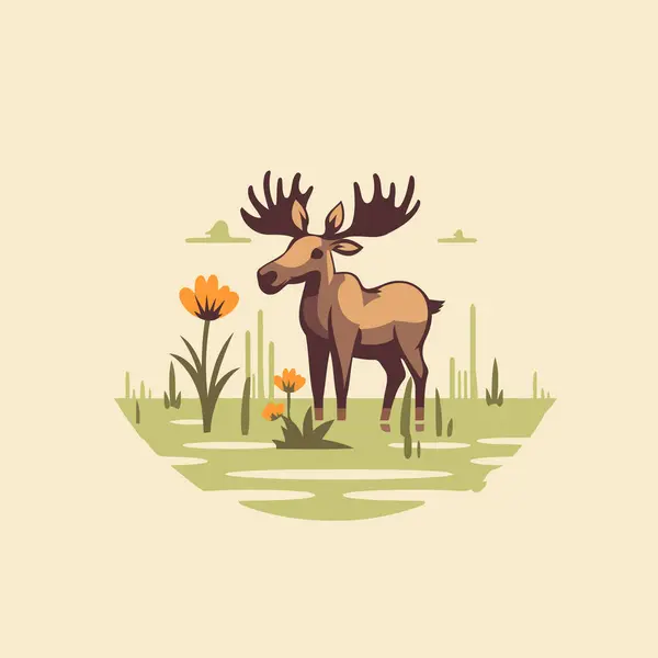 Vector Illustration Wild Elk Flowers Background — Stock Vector
