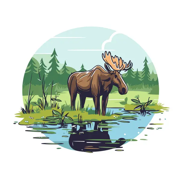 Moose Lake Vector Illustration Moose — Stock Vector