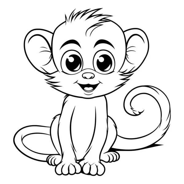 Cute Cartoon Monkey Black White Vector Illustration Coloring Book — Stock Vector