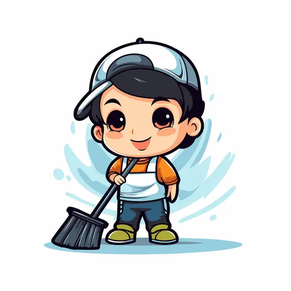 Cute Boy Cleaning Floor Broom Vector Illustration — Stock Vector