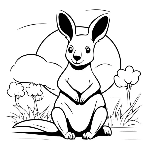 Çimlerin Üzerinde Oturan Kanguru Boyama Kitabı Için Siyah Beyaz Vektör — Stok Vektör