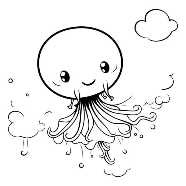 Ilustrație Desene Animate Alb Negru Personajului Fantastic Drăguț Jellyfish Pentru — Vector de stoc
