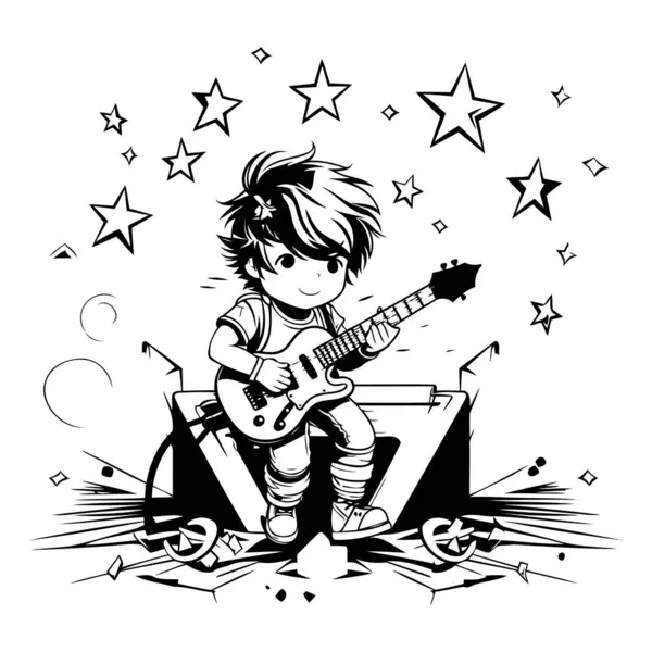 Ilustración Vectorial Niño Tocando Guitarra Eléctrica Sobre Fondo Estrellas Ilustraciones De Stock Sin Royalties Gratis