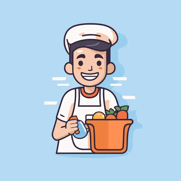 Personaje Chef Dibujos Animados Con Cesta Frutas Frescas Ilustración Vectorial Ilustración De Stock