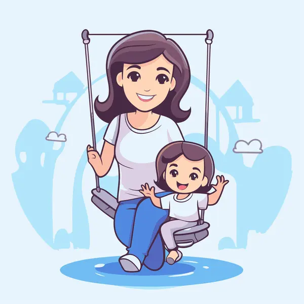 Ibu Dan Anak Berayun Ayunan Ilustrasi Vektor Dalam Gaya Kartun Grafik Vektor