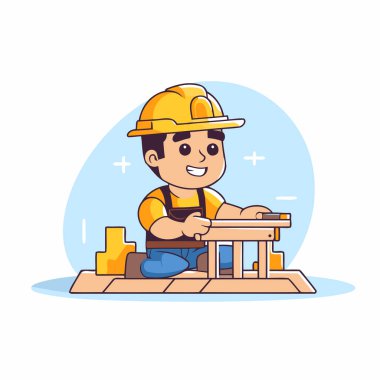 İnşaat alanında çalışan marangoz çocuk. Vektör çizgi film illüstrasyonu.