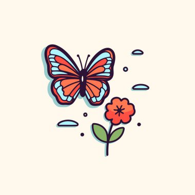 Kelebek ve çiçek. El çizimi vektör çizimi. Doodle tarzı.