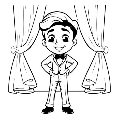 Perdeli Garson Çocuk - Siyah ve Beyaz Çizgi Film İllüstrasyonu