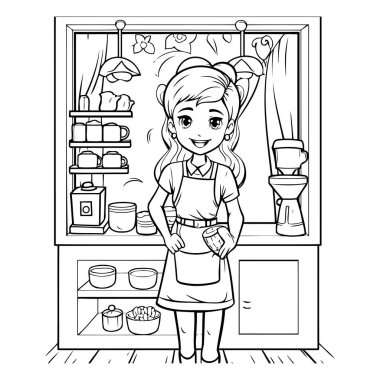 Mutfakta önlüklü şirin bir çizgi film kızı duruyor. Çocuklar için boyama kitabı.