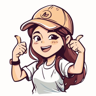 Beyzbol şapkalı şirin kız, başparmağını kaldırıyor. Vektör illüstrasyonu.