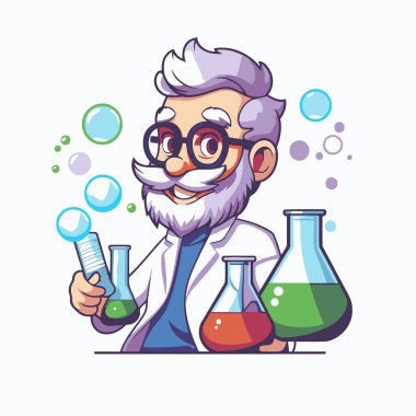 Kimyasal mataralar ve deney şişeleriyle bilim adamı. Vektör illüstrasyonu.